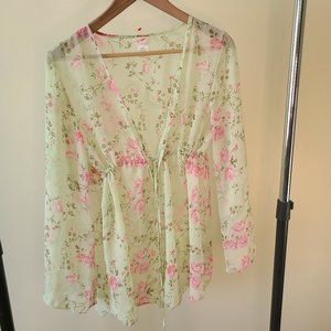 Light Green Tie Front Floral Beach Cover Up/ Lounge wear